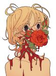  bare_shoulders black_eyes bleeding blonde_hair blood blood_on_face blue_eyes constricted_pupils covered_mouth empty_eyes flower impaled looking_ahead meremero original red_flower red_rose rose short_hair simple_background solo thorns upper_body white_background wide-eyed 