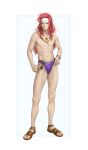  1boy absurdres blue_eyes headband highres kazuko_(towa) long_hair male_focus male_swimwear one_eye_closed red_hair sandals simple_background smile sunglasses swim_briefs swimsuit tales_of_(series) tales_of_symphonia topless_male white_headband zelos_wilder 