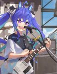  1girl ahoge amplifier animal_ears aqua_hair black_ribbon black_shirt blue_eyes blue_hair blue_sky casual commentary crossed_bangs day drum drum_set electric_guitar fender_jaguar guitar hair_ribbon heterochromia highres holding holding_instrument holding_plectrum horse_ears horse_girl instrument kimura_komekami long_hair looking_to_the_side microphone_stand multicolored_hair music open_mouth outdoors playing_instrument plectrum purple_eyes ribbon sharp_teeth shirt short_sleeves sidelocks sky smile solo standing sweat t-shirt teeth twin_turbo_(umamusume) twintails two-tone_hair umamusume white_shirt 