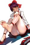  arm_support bangs barefoot blush bow choker dress feet full_body gegege_no_kitarou hair_bow hand_on_own_knee high_heels highres legs long_sleeves looking_at_viewer nekomusume nekomusume_(gegege_no_kitarou_6) panties pantyshot pantyshot_(sitting) parted_lips pointy_ears puca-rasu purple_hair red_bow red_choker red_dress red_footwear shirt shoe_removed shoes short_hair sitting smile soles solo thighs toes underwear white_panties white_shirt yellow_eyes 