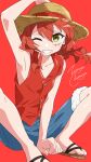  1girl absurdres bocchi_the_rock! brown_headwear cosplay green_eyes hat highres kita_ikuyo looking_at_viewer monkey_d._luffy monkey_d._luffy_(cosplay) one_eye_closed one_piece red_background red_hair smile solo straw_hat zetsuyo_chimayo 