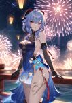  1girl aerial_fireworks against_railing bare_shoulders black_gloves blue_dress blue_hair china_dress chinese_clothes commentary_request cowboy_shot detached_sleeves dress fireworks ganyu_(genshin_impact) ganyu_(twilight_blossom)_(genshin_impact) genshin_impact gloves goat_horns hair_between_eyes helloimtea highres horns lantern long_hair looking_at_viewer night night_sky official_alternate_costume outdoors parted_lips purple_eyes railing short_dress sky solo star_(sky) starry_sky 