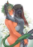  2girls animal_ears ass au_ra black_hair blue_skin breast_press breasts cat_ears cat_tail closed_eyes colored_skin commission completely_nude dark-skinned_female dark_skin dragon_horns dragon_tail english_commentary feet_out_of_frame final_fantasy final_fantasy_xiv flower french_kiss from_side green_hair hand_on_another&#039;s_hip highres holding_another&#039;s_head horns hug kiss large_breasts long_hair miqo&#039;te multicolored_hair multiple_girls nude purelove_acc scales short_hair sideboob skeb_commission streaked_hair symmetrical_docking tail white_flower yuri 