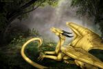 2019 3:2 ambiguous_gender claws digital_media_(artwork) dragon feral forest hi_res horn lying moss outside plant scalie selianth solo tail tree western_dragon wings yellow_body