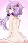  1girl blush completely_nude from_behind gradient_background hair_ornament looking_at_viewer looking_back nation1213 nude purple_eyes purple_hair short_hair_with_long_locks sitting solo vocaloid voiceroid wariza yuzuki_yukari 