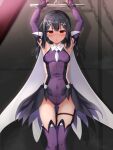  1girl arms_up bare_shoulders black_hair blush boots breasts brown_eyes cape detached_sleeves fate/kaleid_liner_prisma_illya fate_(series) feather_hair_ornament feathers hair_ornament hairclip highres leotard long_hair looking_at_viewer miyu_edelfelt open_mouth purple_leotard purple_sleeves purple_thighhighs restrained sidelocks small_breasts solo thighhighs thighhighs_under_boots thighs touchuu_kasou twintails white_cape white_footwear 