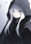  1girl absurdres black_cloak cloak closed_mouth commentary_request copyright_request grey_background grey_eyes grey_hair hair_between_eyes highres hood hood_up hooded_cloak long_hair solo upper_body uryu_(uryu0329) 