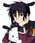  1boy animal_ears black_hair dog_ears ei_(ckitonex) gundam gundam_seed gundam_seed_freedom hand_on_own_face highres hug looking_at_viewer military military_uniform pochacco red_eyes sanrio shinn_asuka short_hair smile uniform 