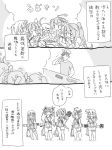  5girls :d admiral_(kantai_collection) ahoge blush blush_stickers bow bowl chopsticks closed_eyes comic drinking eating elite_unchi flower greyscale hair_bow hair_flower hair_ornament hair_ribbon hat holding holding_chopsticks i-168_(kantai_collection) i-19_(kantai_collection) i-58_(kantai_collection) i-8_(kantai_collection) kantai_collection low_twintails military_hat monochrome multiple_girls open_mouth peaked_cap ponytail ribbon rice_bowl rigging ro-500_(kantai_collection) school_uniform scuba scuba_gear short_hair smile speech_bubble tan torpedo translation_request twintails 