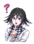  1boy :o ? absurdres black_hair bojue_(hakus_1128) checkered_clothes checkered_scarf danganronpa_(series) danganronpa_v3:_killing_harmony flipped_hair grey_background grey_jacket highres index_finger_raised jacket long_sleeves medium_hair multicolored_hair oma_kokichi pink_eyes pink_hair scarf simple_background solo teeth tongue two-tone_hair 