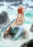  1girl closed_eyes commentary facing_to_the_side fantasy fins fish_tail from_side hair_censor long_hair mermaid monster_girl ocean on_rock open_mouth original red_hair rock sitting sitting_on_rock solo tail tkg_ji very_long_hair waves 