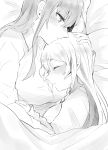  blush breasts closed_eyes closed_mouth commentary_request eyebrows_visible_through_hair gangut_(kantai_collection) greyscale hair_between_eyes itomugi-kun kamoi_(kantai_collection) kantai_collection large_breasts long_sleeves monochrome multiple_girls pillow shirt sleeping yuri 
