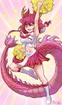  absurdres blush breasts cheerleader collared_shirt dragon_girl dragon_horns dragon_tail extra_ears hair_between_eyes highres horns kemono_friends kemono_friends_3 long_hair multicolored_hair navel necktie open_mouth pom_pom_(cheerleading) red_dragon_(kemono_friends) red_eyes red_hair redrufu2000 shirt simple_background sleeveless tail white_hair white_shirt 