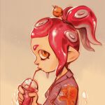  1girl brown_eyes commentary cup drinking drinking_straw drinking_straw_in_mouth english_commentary from_side grey_background hawaiian_shirt highres holding holding_cup looking_at_viewer octoling octoling_girl octopus_print pink_hair ponytail profile shirt smoothie solo splatoon_(series) sprouteeh suction_cups tentacle_hair upper_body 