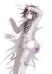  1boy absurdres arm_up buttons checkered_clothes checkered_scarf danganronpa_(series) danganronpa_v3:_killing_harmony dice double-breasted expressionless grey_jacket grey_pants hair_between_eyes hand_up highres jacket long_sleeves lying male_focus mask oma_kokichi on_back pants purple_eyes scarf solo unworn_mask wareta_ao_ringo 