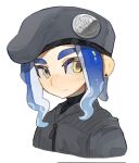  1boy beret blue_hair cephalopod_eyes closed_mouth commentary commission cropped_torso ear_piercing gradient_hair grey_headwear hat highres long_hair male_focus multicolored_hair octoling octoling_boy piercing redbeanpie0 simple_background solo splatoon_(series) splatoon_3 tentacle_hair thick_eyebrows upper_body white_background yellow_eyes zipper zipper_pull_tab 