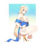  bad_id bad_pixiv_id bangs blonde_hair blue_dress blush bracelet breasts commission covering_nipples dress dress_pull earrings elf eyebrows_visible_through_hair fantasy high_heels highres jewelry kim_jin_sung large_breasts long_hair looking_back off_shoulder open_mouth original pointy_ears solo very_long_hair 