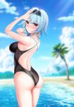  1girl alternate_costume armpit_crease arms_up ass beach black_hairband black_one-piece_swimsuit blue_hair blue_sky blurry blurry_background blush breasts cloud competition_swimsuit criss-cross_back-straps day eula_(genshin_impact) fingernails from_behind genshin_impact hairband highres large_breasts looking_at_viewer looking_back median_furrow medium_hair one-piece_swimsuit orange_eyes palm_tree sabishiiyoru sand sidelocks sky smile solo swimsuit tree 