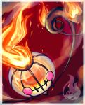  alternate_color border chandelure commentary_request fire from_above highres no_humans oshi_ni_ai_tee partial_commentary pink_eyes pokemon pokemon_(creature) red_background shiny_pokemon solo watermark white_border 
