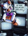animatronic anthro arm_support asking bow_tie canid canine drokmars eyelashes female five_nights_at_freddy&#039;s five_nights_at_freddy&#039;s_world fox hi_res leaning_on_elbow lolbit_(fnaf) machine mammal robot scottgames screen solo static through_screen