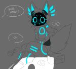 2023 aellaellae ambiguous_gender anthro arm_markings biped blue_eyes blue_inner_ear blue_markings bodily_fluids caught chest_tuft dialogue digital_drawing_(artwork) digital_media_(artwork) grey_background hair head_wings hi_res inside kemono korean_text leg_markings looking_at_viewer machine mammal markings nude ponytail protogen robot screen screen_face side_view simple_background sitting solo speech_bubble spot_color sweat sweatdrop text tissue tissue_box translation_check translation_request tuft wings