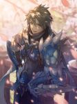  1boy armor brown_eyes brown_hair chainmail cherry_blossoms cowboy_shot fur-trimmed_armor fur_trim grass hair_between_eyes highres isono_wataru japanese_armor kote looking_at_viewer male_focus master_utsushi monster_hunter_(series) monster_hunter_rise ninja pauldrons scarf shoulder_armor single_pauldron smile solo spiked_hair tassel tree zinogre_(armor) 