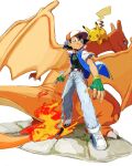  ash_ketchum baseball_cap belt belt_buckle black_hair black_shirt brown_eyes buckle charizard closed_mouth commentary fingerless_gloves flame-tipped_tail gloves green_gloves hat highres jacket looking_at_viewer open_clothes open_hands open_jacket pants pikachu pokemon pokemon_(anime) pokemon_(creature) shirt short_hair short_sleeves standing symbol-only_commentary umebosibakari2 