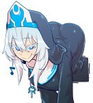  1girl all_fours ass bad_source black_robe blue_eyes breasts closed_mouth doggystyle hanging_breasts long_hair musical_note neck nose nun original robe smile tenk traditional_nun white_background white_hair 