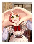  1girl absurdres belt brown_belt brown_jacket brown_skirt green_eyes heart heart_hands highres jacket long_sleeves looking_at_viewer love_live! love_live!_nijigasaki_high_school_idol_club oonishi_aguri open_mouth photo-referenced photo_background pink_hair plaid_capelet pleated_skirt red_ribbon ribbon shirt signature ska.harumi skirt solo swept_bangs teeth uehara_ayumu upper_body upper_teeth_only voice_actor_connection walking_dream white_shirt 