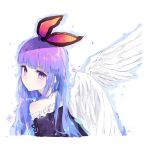  angel_wings black_dress blush bow closed_mouth commentary_request dress frills hair_bow korean_commentary long_hair looking_at_viewer looking_back original purple_eyes purple_hair signature solo sparkle tr_(hareru) upper_body wings 