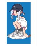  1girl baseball_cap black_eyes blue_background blue_hair border bra_strap full_body grey_headwear grey_socks hat highres light_blue_hair nao97122 nike open_mouth original oversized_clothes oversized_shirt shirt shoes short_ponytail sidelocks simple_background single_bare_shoulder single_off_shoulder sneakers socks solo squatting t-shirt white_border white_footwear white_shirt 