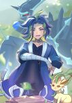  1boy adaman_(pokemon) bandaged_arm bandages blue_hair blurry blurry_background blurry_foreground brown_eyes collarbone commentary_request dialga dialga_(origin) drop_earrings earrings eyebrow_cut green_hair jewelry leaf leafeon looking_at_viewer male_focus mizuiro123 multicolored_hair neck_ring open_mouth pokemon pokemon_(creature) pokemon_legends:_arceus red_eyes two-tone_hair yellow_eyes 