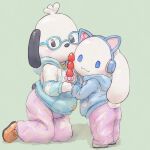 anthro apluss black_eyes blue_clothing blue_eyes blue_hoodie blue_topwear bottomwear canid canine cinnamon_(cinnamoroll) cinnamoroll clothing duo electronics eyewear floppy_ears fur glasses headphones hi_res hoodie male male/male mammal musical_note pants pink_bottomwear pink_clothing pink_pants pochacco sanrio tanghulu topwear white_body white_fur