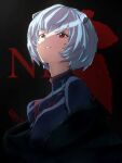  1girl ayanami_rei black_background black_bodysuit blue_hair bodysuit commentary kissshotmagia looking_up neon_genesis_evangelion off_shoulder pilot_suit plugsuit red_eyes short_hair simple_background solo upper_body 