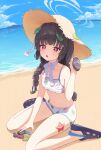  1girl absurdres aki_(user_mxzg2544) animal bare_arms bare_legs bare_shoulders beach bikini black_footwear black_hair blue_archive blush braid breasts collarbone crocs day grey_halo halo hat highres leaf leaf_on_head leaf_print long_hair miyu_(blue_archive) miyu_(swimsuit)_(blue_archive) ocean official_alternate_costume open_mouth outdoors print_bikini red_eyes sitting small_breasts solo starfish straw_hat swimsuit twin_braids wariza white_bikini 