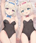  2girls animal_ear_fluff animal_ears arm_up armpits bandaid bandaid_hair_ornament black_leotard blue_bow blue_bowtie blue_eyes blue_hair blue_hairband blush bow bowtie breasts cleavage commentary covered_navel crossed_bangs detached_collar dog_ears dog_girl english_commentary extra_ears fake_horns fuwawa_abyssgard hair_between_eyes hair_ornament hairband hairclip highleg highleg_leotard hololive hololive_english horns leotard light_brown_hair long_hair lying medium_breasts medium_hair mococo_abyssgard multicolored_hair multiple_girls on_back open_mouth pink_eyes pink_hair pink_hairband recklessdraw red_bow red_bowtie siblings sisters small_breasts strapless strapless_leotard streaked_hair twins two-tone_hair very_long_hair virtual_youtuber x_hair_ornament 