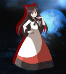  1girl animal_ears asatsuki_(fgfff) blue_moon brooch brown_hair dress fingernails full_body full_moon hair_between_eyes hand_on_own_hip highres imaizumi_kagerou jewelry long_hair long_sleeves moon multicolored_clothes multicolored_dress print_dress puffy_long_sleeves puffy_sleeves red_eyes red_nails sharp_fingernails smile solo touhou wolf_ears wolf_girl 