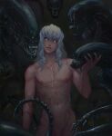  1boy alien_(movie) arm_at_side artist_name artistdkt berserk black_background blurry commentary crossover depth_of_field drooling english_commentary glowing glowing_eyes grey_hair griffith_(berserk) grin hand_on_another&#039;s_head hand_up highres jewelry long_hair looking_at_viewer male_focus monster multiple_rings naked_jewelry navel necklace nipples nude open_mouth out-of-frame_censoring parted_lips pectorals ring saliva smile surrounded xenomorph 