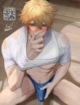  1boy absurdres asa_ifrit_(asaifrit) blonde_hair blue_eyes bulge clothes_lift covered_penis covering_own_mouth english_text erection erection_under_clothes gepard_landau guilty_challenge_(meme) hand_in_clothes hand_over_own_mouth hand_under_clothes hand_under_shirt highres honkai:_star_rail honkai_(series) male_focus male_masturbation male_underwear masturbation meme muscular precum precum_through_clothes shirt shirt_lift stomach underwear 