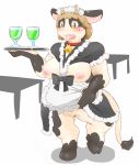  2017 anthro black_fur blush bovine breasts brown_eyes brown_hair cattle clothed clothing female fur hair hooves horn maid_uniform mammal nipples open_mouth partially_clothed pussy slightly_chubby solo tears tray uniform white_fur ほし 