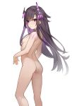  1girl ass back black_hair blush breasts censored closed_mouth colored_inner_hair completely_nude crosscore do2mi_doreimi from_behind hades_(crosscore) hair_censor highres horns long_hair looking_at_viewer looking_back mechanical_horns multicolored_hair nude purple_eyes purple_hair shoulder_blades small_breasts solo standing sweat swept_bangs two-tone_hair 