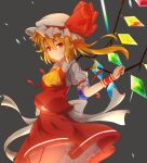  1girl ascot back_bow bow breasts closed_mouth collared_shirt cowboy_shot flandre_scarlet frilled_shirt_collar frilled_sleeves frills glowing glowing_wings grey_background hair_between_eyes hat hat_ribbon large_bow long_hair looking_at_viewer mob_cap morino_kino multicolored_wings petticoat puffy_short_sleeves puffy_sleeves rainbow_order red_eyes red_ribbon red_skirt red_vest ribbon shirt short_sleeves simple_background skirt skirt_set sleeve_ribbon small_breasts solo touhou vest white_bow white_headwear white_shirt wings wrist_cuffs yellow_ascot 