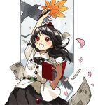  1girl :d animal belt bird black_belt black_skirt buttons collared_shirt crow floating_hair happy hat hauchiwa highres holding holding_notebook kaigen_1025 medium_hair newspaper notebook pen phantasmagoria_of_flower_view pocket puffy_short_sleeves puffy_sleeves red_eyes red_headwear shameimaru_aya shirt short_sleeves skirt smile solo tokin_hat touhou upper_body white_shirt 