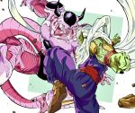  2boys alien alternate_form battle black_nails brown_footwear cape clenched_hand clenched_teeth collarbone colored_skin debris dougi dragon_ball dragon_ball_z duel frieza green_skin highres horns leg_up looking_at_another male_focus multiple_boys muscular muscular_male namekian oharu2000 open_mouth pants piccolo pink_skin pointy_ears purple_pants purple_shirt red_eyes red_sash sash shirt simple_background sleeveless tail teeth turban white_cape 