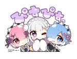  3girls :&gt; :d ;) black_dress black_sleeves blue_eyes blue_hair braid chibi closed_mouth commentary_request crown_braid detached_sleeves double_v dress emilia_(re:zero) grey_hair hair_ornament hair_over_one_eye hairclip japanese_clothes kimono long_sleeves multiple_girls muuran official_art one_eye_closed pink_hair purple_eyes ram_(re:zero) re:zero_kara_hajimeru_isekai_seikatsu red_eyes rem_(re:zero) simple_background sleeves_past_wrists smile translation_request v white_background white_kimono wide_sleeves x_hair_ornament 