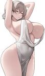  1girl armpits arms_behind_head arms_up backless_dress backless_outfit bare_shoulders blush breasts closed_eyes covered_navel cowboy_shot curvy dress grey_hair hair_between_eyes highres huge_breasts nago_purin parted_lips plunging_neckline sideboob sideless_dress simple_background sleeveless sleeveless_dress solo standing thick_thighs thighs uzaki-chan_wa_asobitai! uzaki_tsuki white_background white_dress 