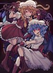  2girls ascot back_bow bat_wings blonde_hair blue_hair boots bow brown_footwear collared_shirt cross-laced_footwear crystal flandre_scarlet frilled_gloves frilled_skirt frills gloves glowing glowing_eyes hand_up hat hat_ribbon highres lace-up_boots laevatein_(touhou) looking_at_viewer medium_hair mob_cap multiple_girls pointy_ears puffy_short_sleeves puffy_sleeves red_bow red_eyes red_gloves red_skirt red_vest remilia_scarlet ribbon russian_commentary sadcringe8 shirt short_sleeves skirt smug touhou vest white_bow white_headwear white_shirt white_skirt wings yellow_ascot 