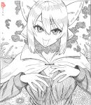  1girl absurdres bow breasts cleavage cloak commentary_request flower greyscale hair_between_eyes hair_bow highres ke-su long_sleeves looking_at_viewer monochrome sekibanki short_hair simple_background solo tongue tongue_out touhou upper_body 