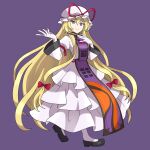  1girl asatsuki_(fgfff) black_footwear blonde_hair bow dress full_body gloves hair_bow hand_fan hat highres long_hair long_sleeves looking_at_viewer mob_cap print_tabard puffy_long_sleeves puffy_sleeves purple_background purple_eyes purple_tabard smile socks solo tabard touhou trigram very_long_hair white_dress white_gloves white_headwear white_socks yakumo_yukari 