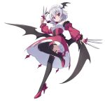  1girl alternate_costume bat_wings black_thighhighs black_wings braid braided_sidelock commentary_request detached_sleeves dress frown full_body garter_straps grey_hair head_wings high_heels hiyaya_(kochi_michikaze) holding holding_knife izayoi_sakuya knee_up knife looking_at_viewer maid_headdress red_dress red_eyes red_footwear red_sleeves short_hair solo thighhighs thighs touhou transparent_background twin_braids wings 